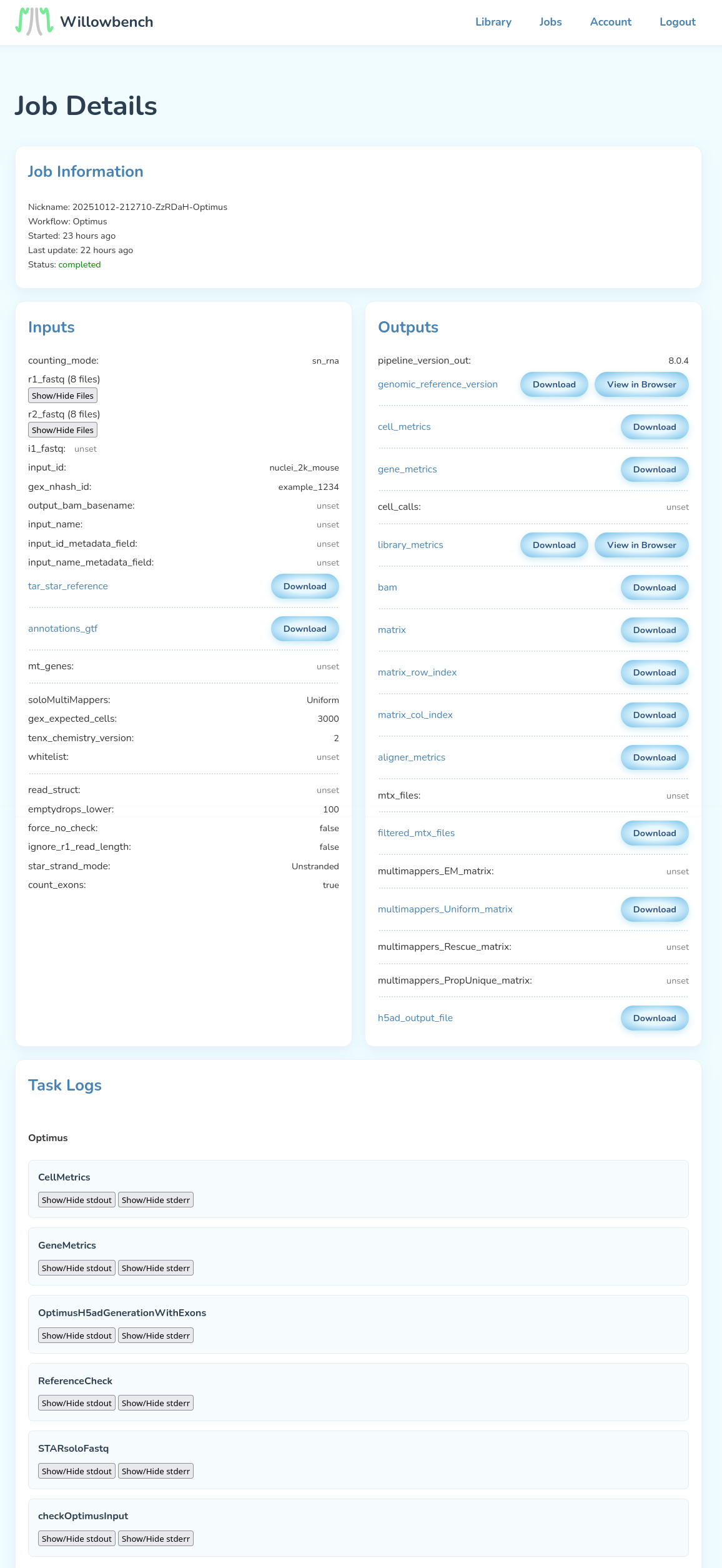 Screenshot of a finished Optimus run in Willowbench